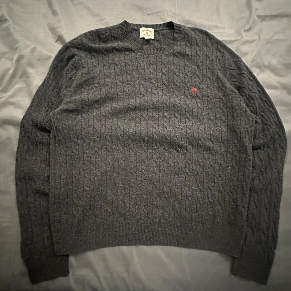 Brooks Brothers Sweater Red Fleece Mens 2XL 100% Lambswool Cable Knit Crewneck